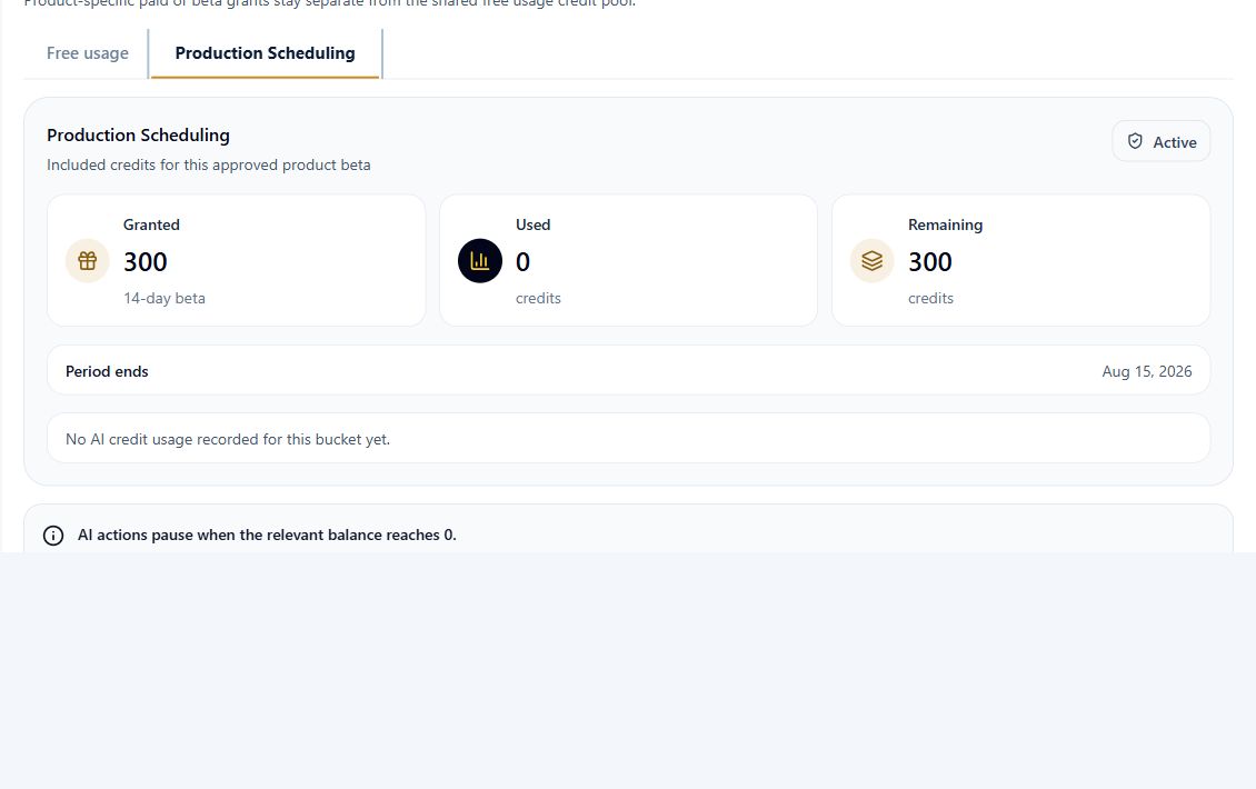 Approved product beta balance showing granted, used, and remaining credits, the period end date, and the zero-balance rule.