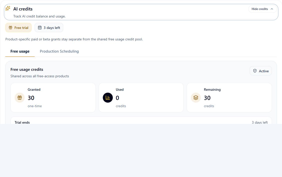 AI credits section with Free usage selected and the shared trial balance visible.