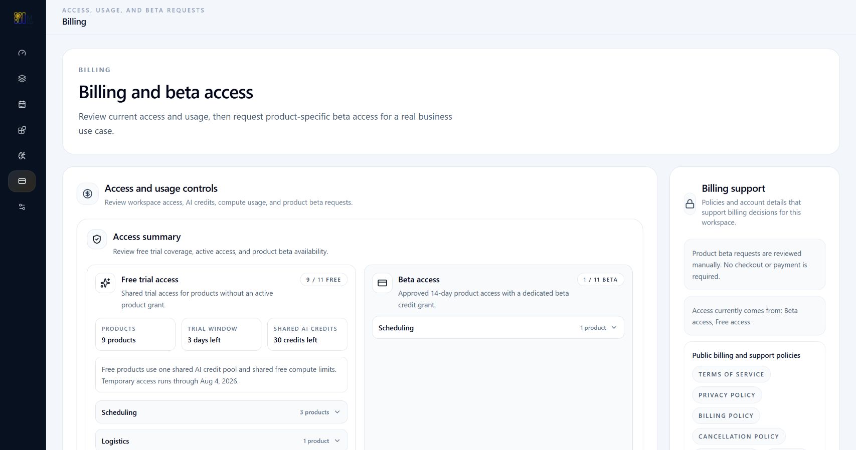 Billing overview showing an active approved product beta and its access status.