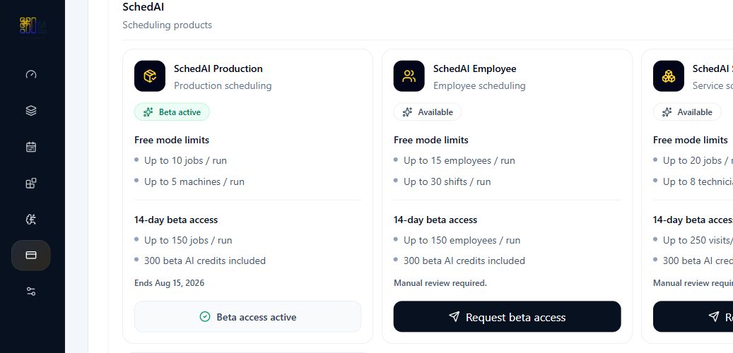 SchedAI beta catalog showing one active beta product and Request beta access actions for eligible products.
