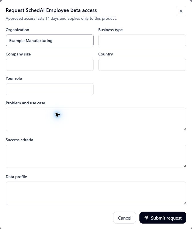 Product beta request form with the evaluation details required before submission.