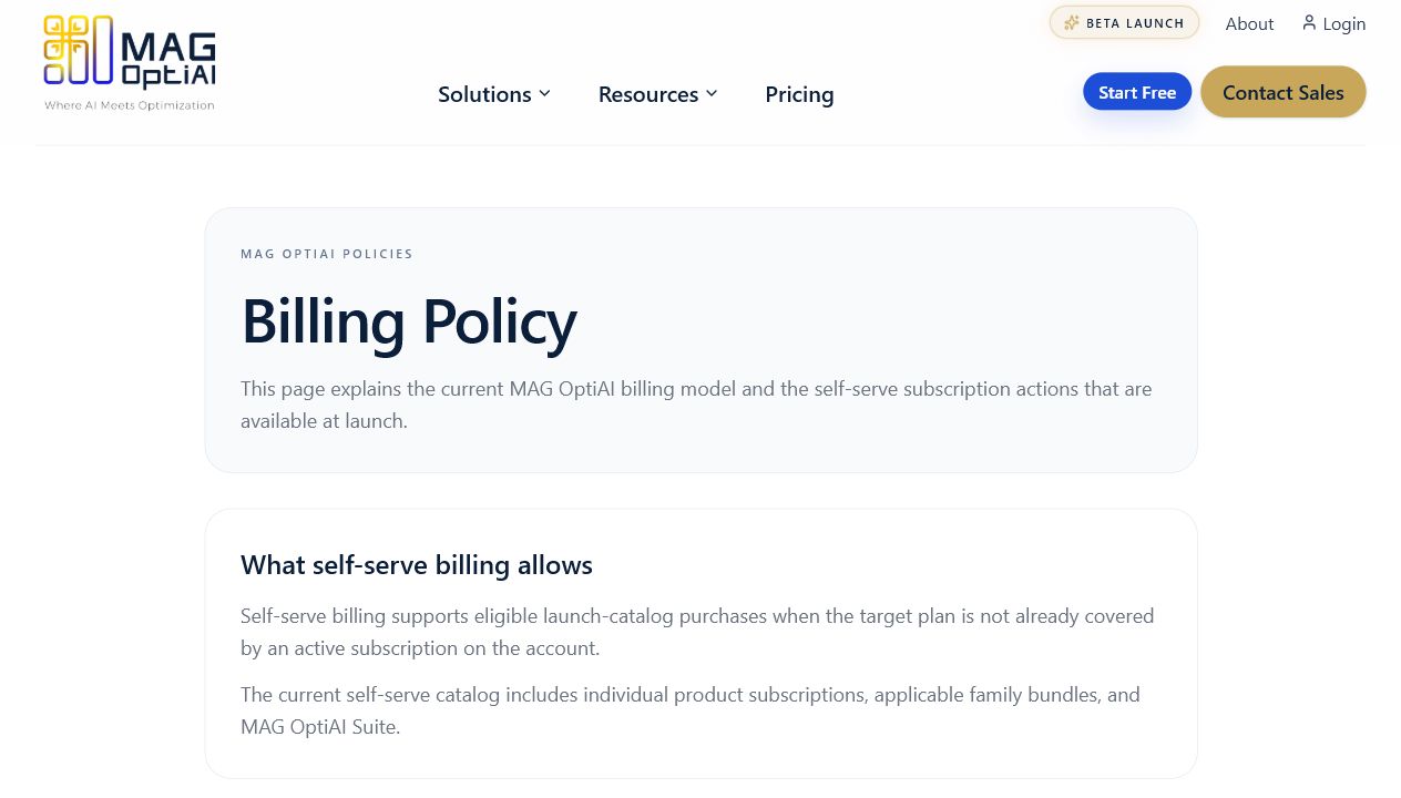 Billing policy page with AI credit and plan details.