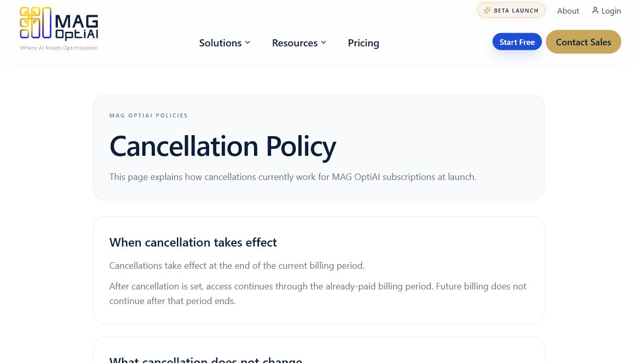 Cancellation Policy page explaining when cancellation takes effect and what access remains.