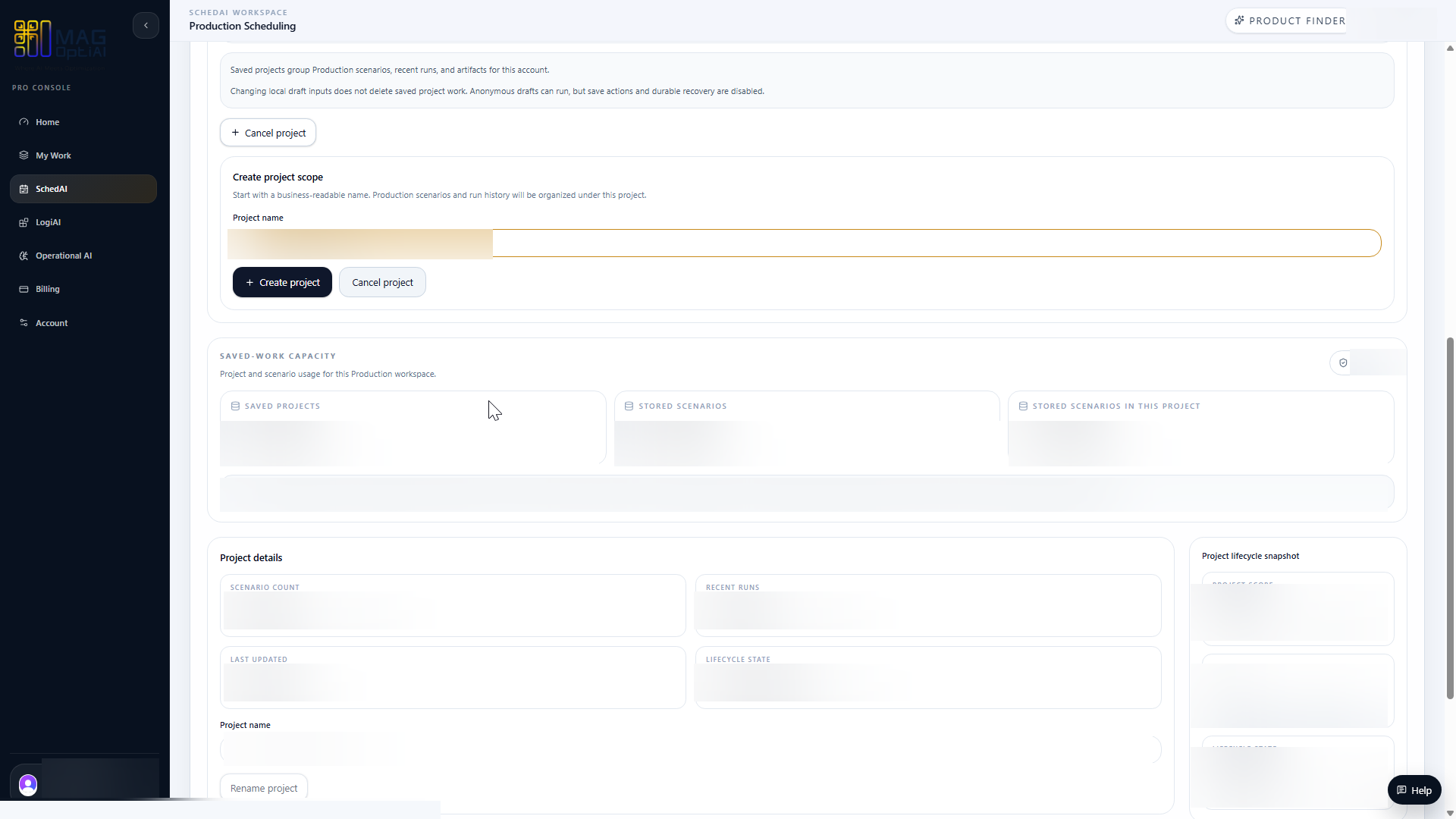 Project details form with naming and scope fields.