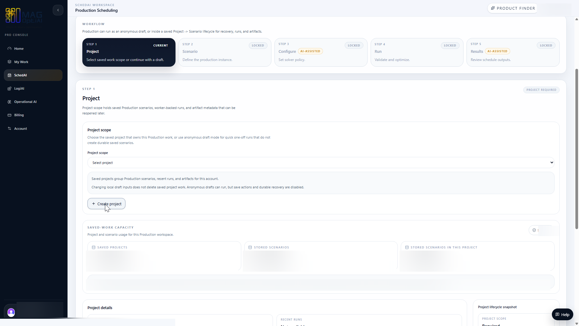 Project setup form in a workspace.