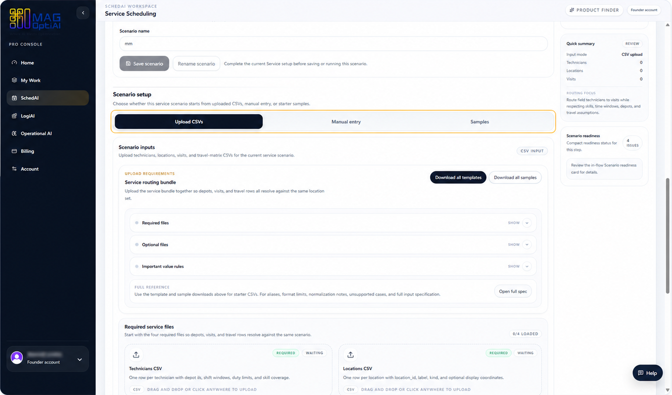 Data setup options for upload, manual entry, and examples.