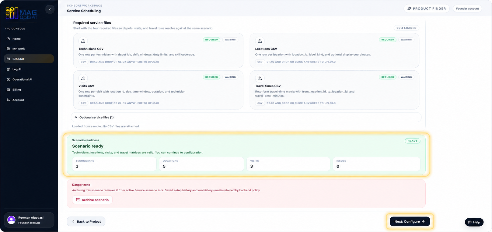 Setup readiness summary showing valid files and a ready state.