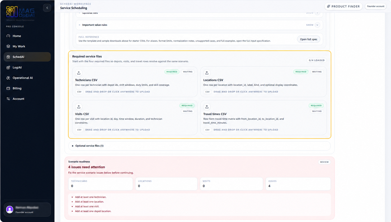 Required CSV upload cards and validation state.