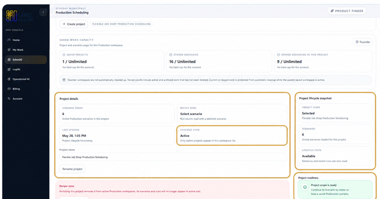 Project details and lifecycle cards.