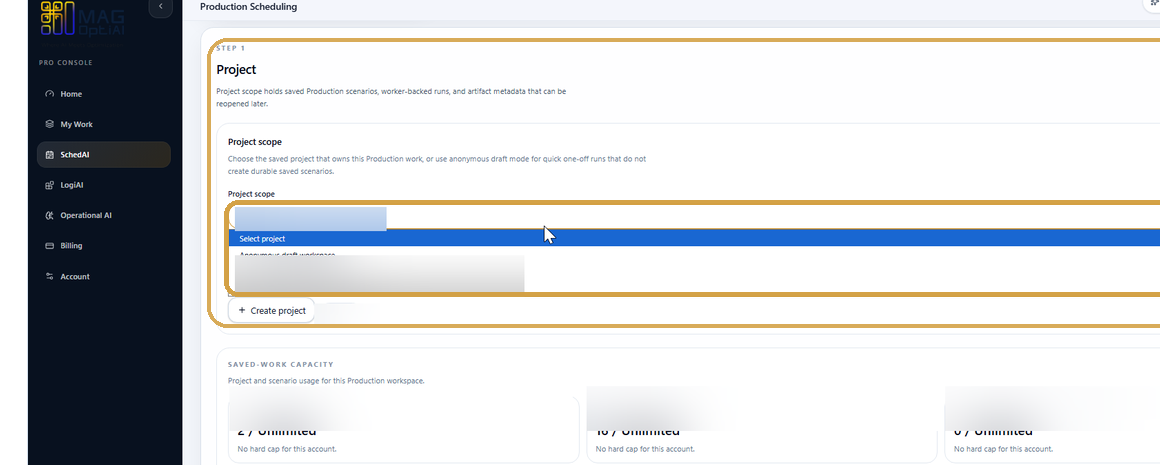 Project selector showing saved projects.