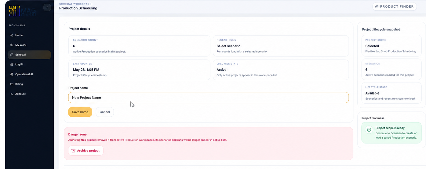 Project details area with rename controls.