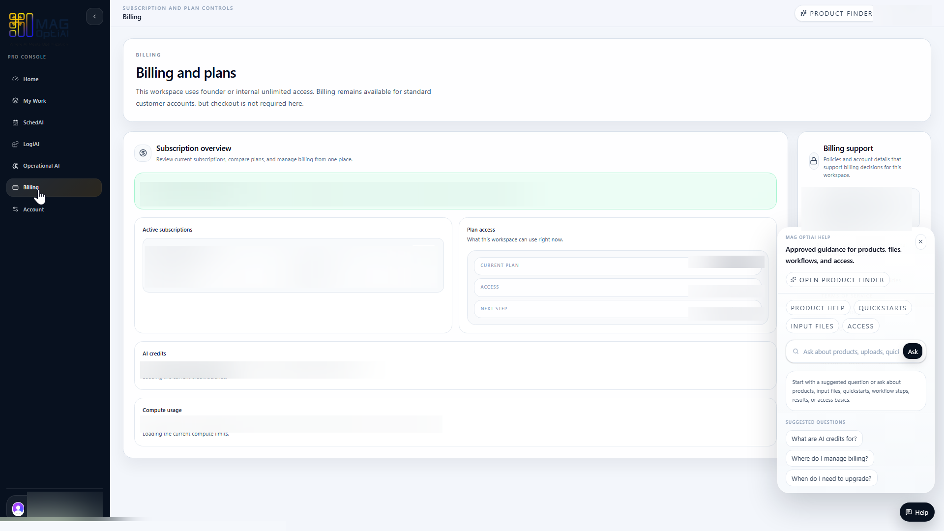 Billing page with the help assistant open beside account navigation.