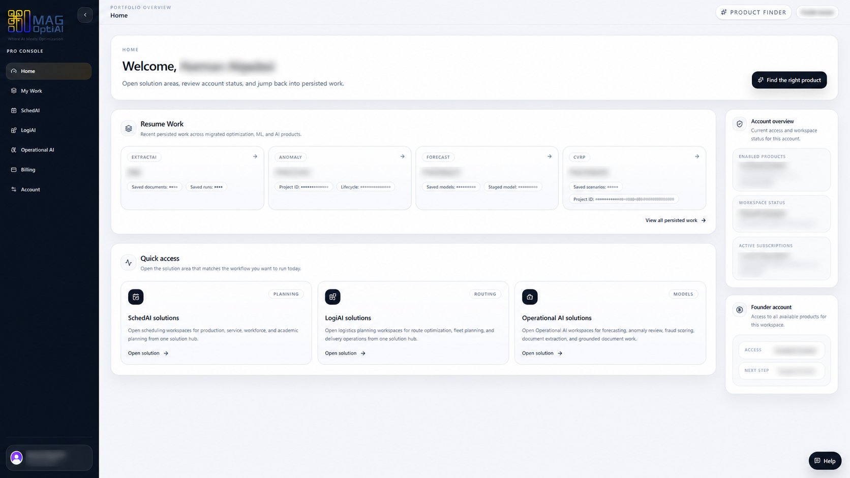 Pro Console home screen with quick access and account overview sections.