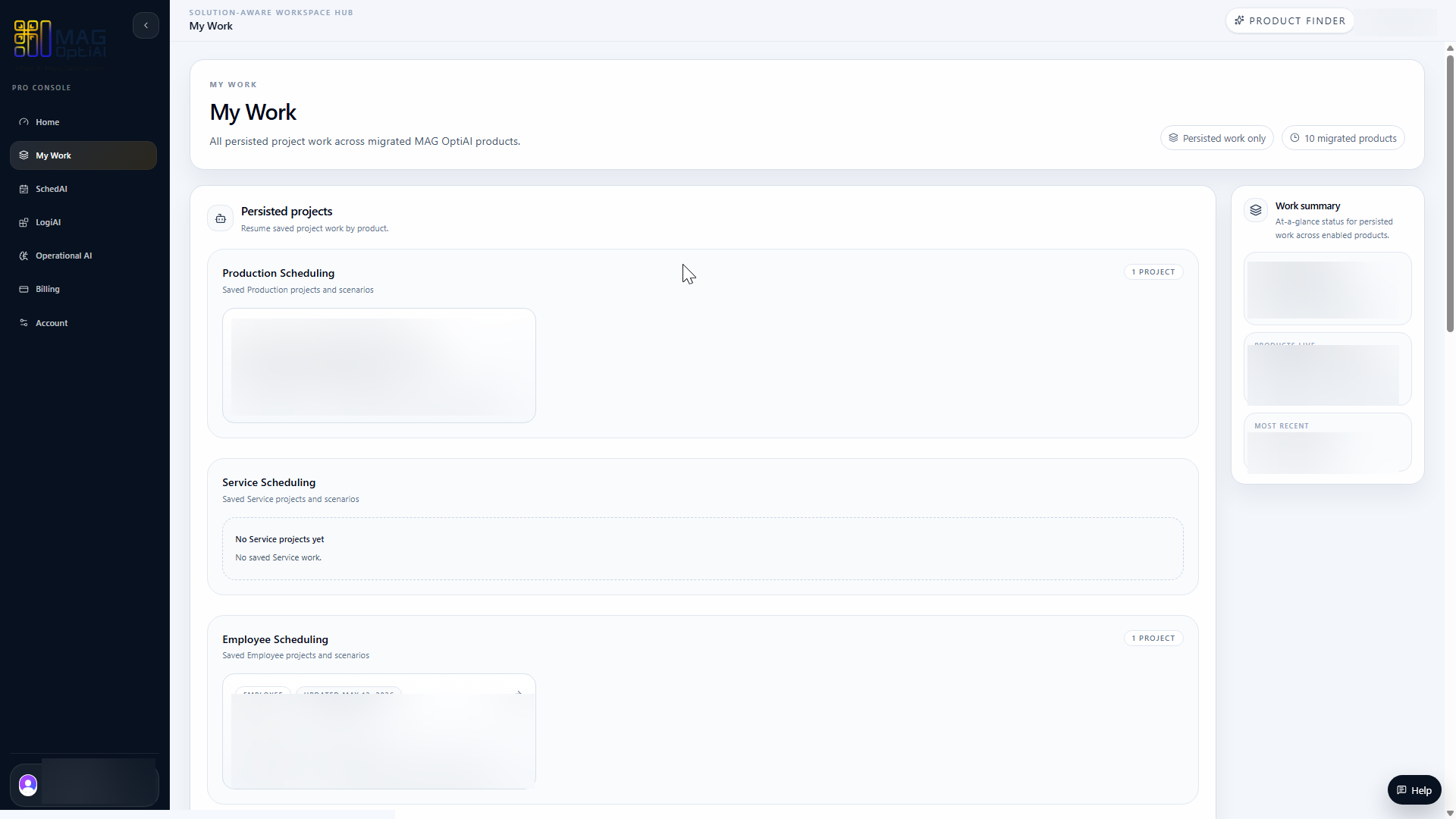 My Work page with saved project and recent workspace sections.