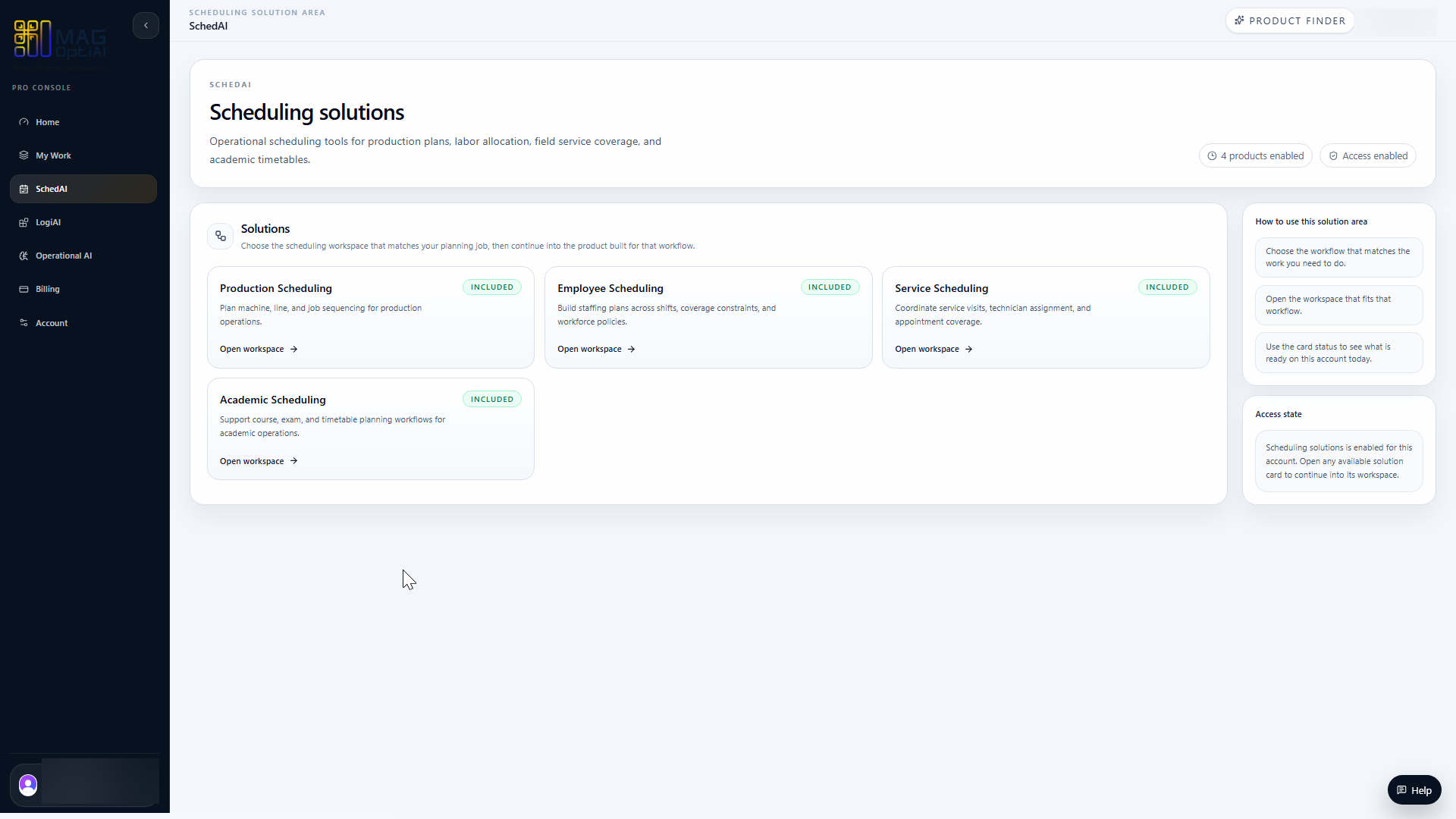 Product workspace list showing scheduling solution cards.