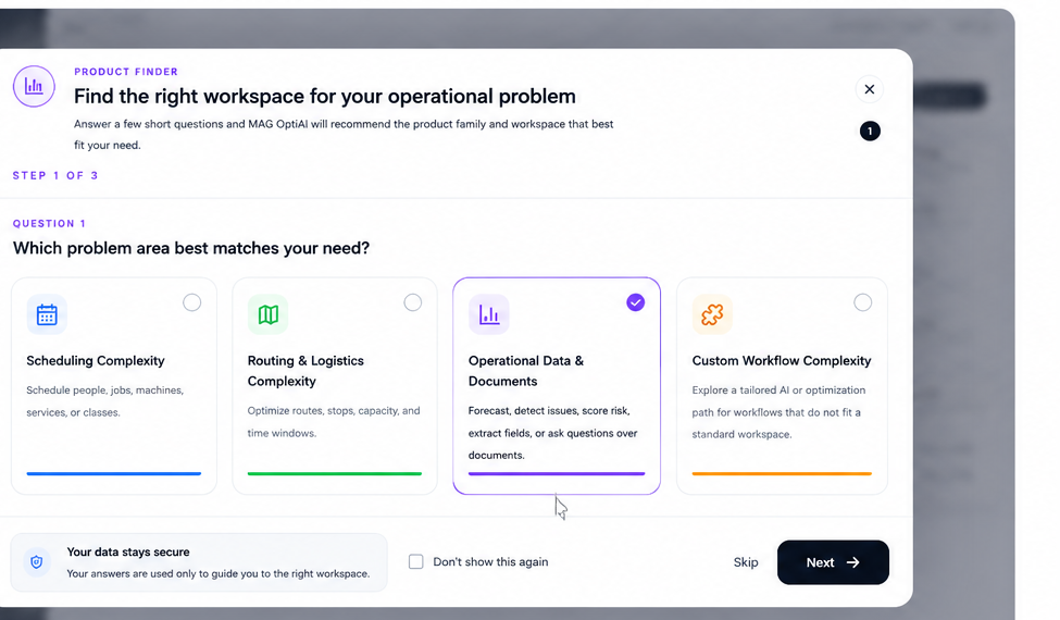 Product Finder problem family choices for scheduling, routing, operational data, and custom workflows.