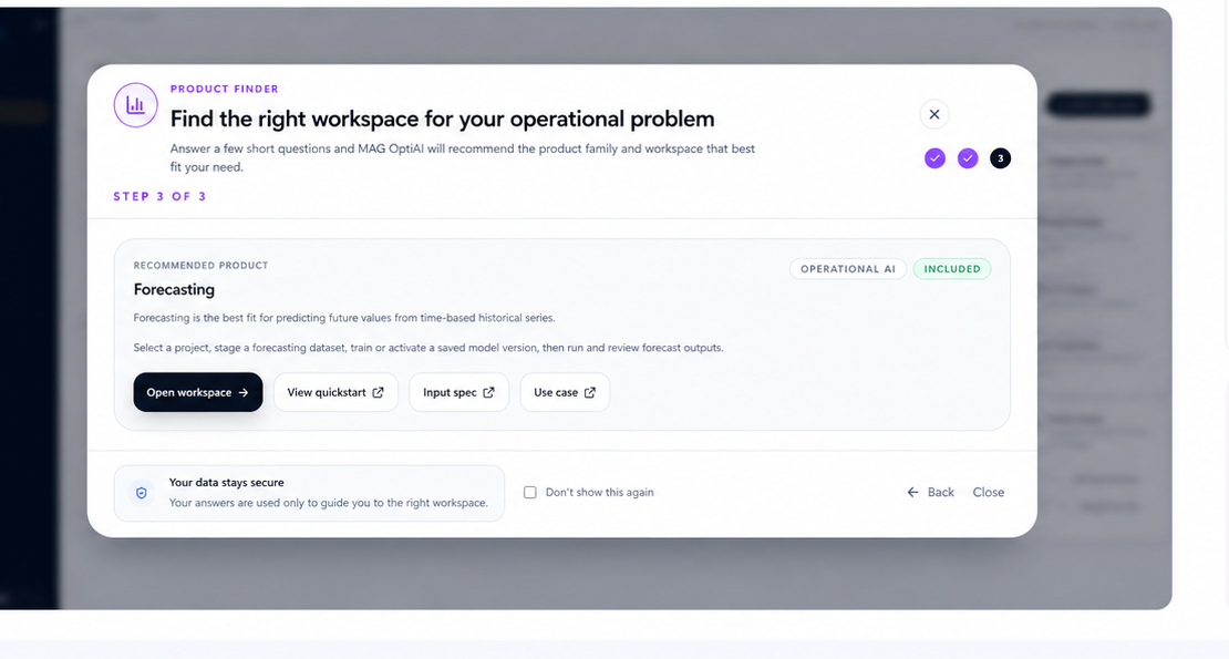 Product Finder recommendation panel with workspace and supporting links.