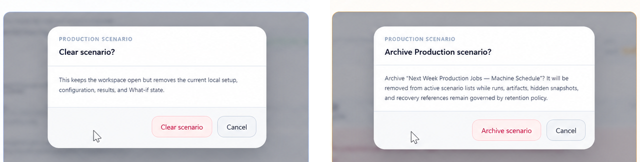 Scenario action dialogs for clearing and archiving a scenario.