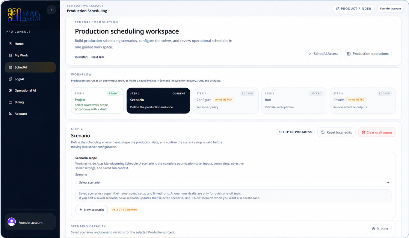 Scenario setup inside a product workspace.