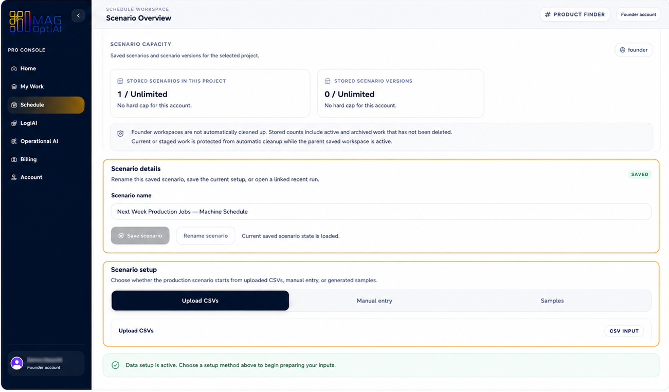 Scenario overview with data setup controls.