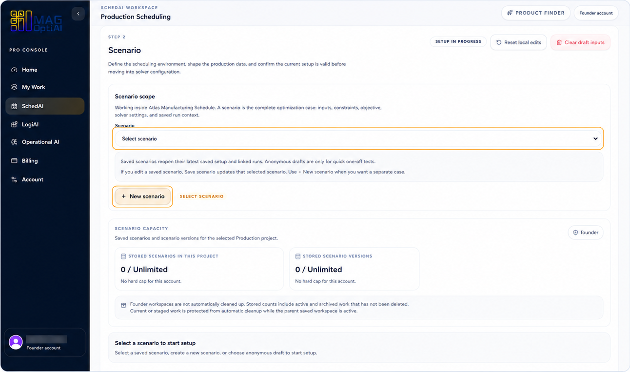 Scenario selection controls in a workspace.