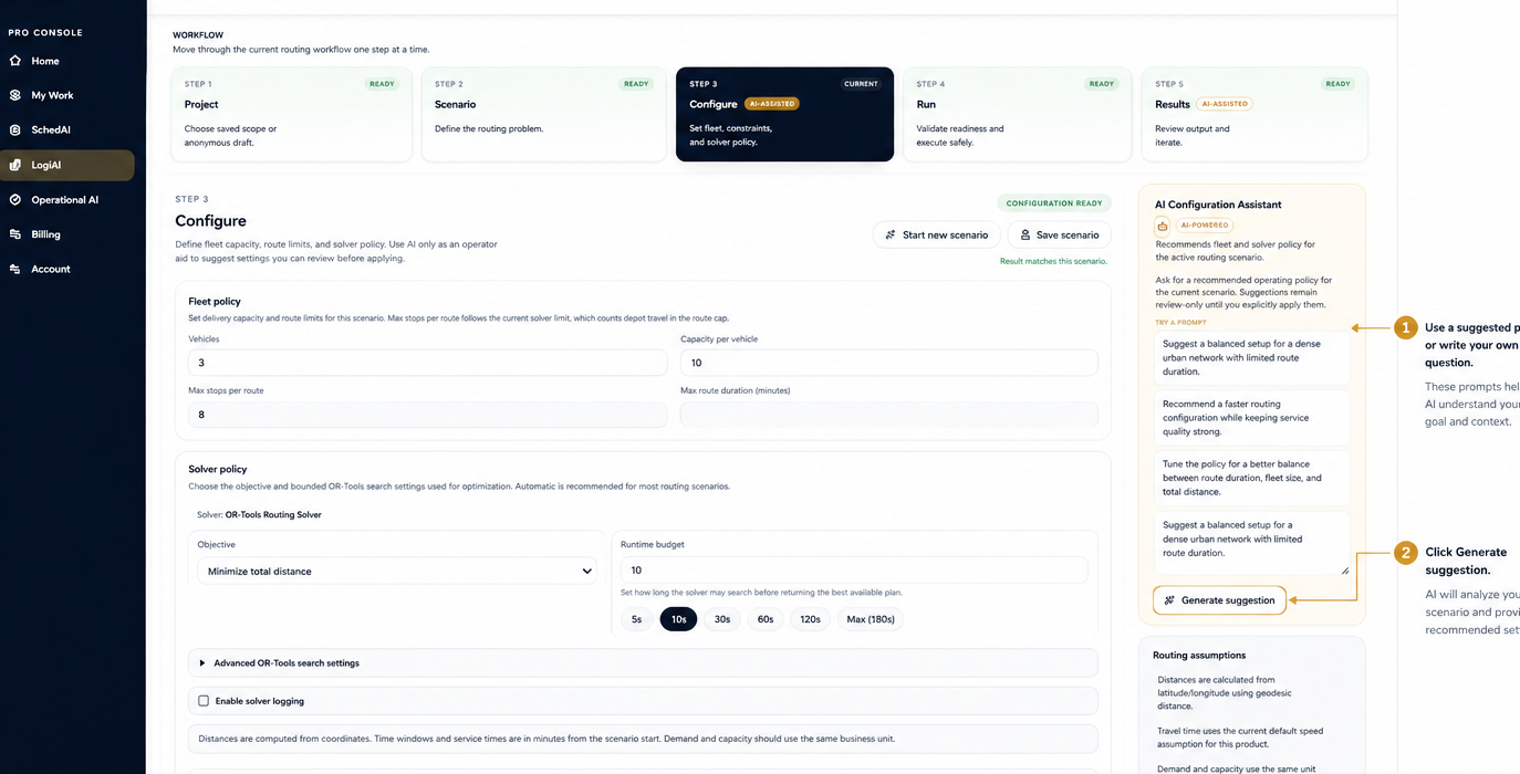 AI Configuration Assistant prompt suggestions beside the Configure step.