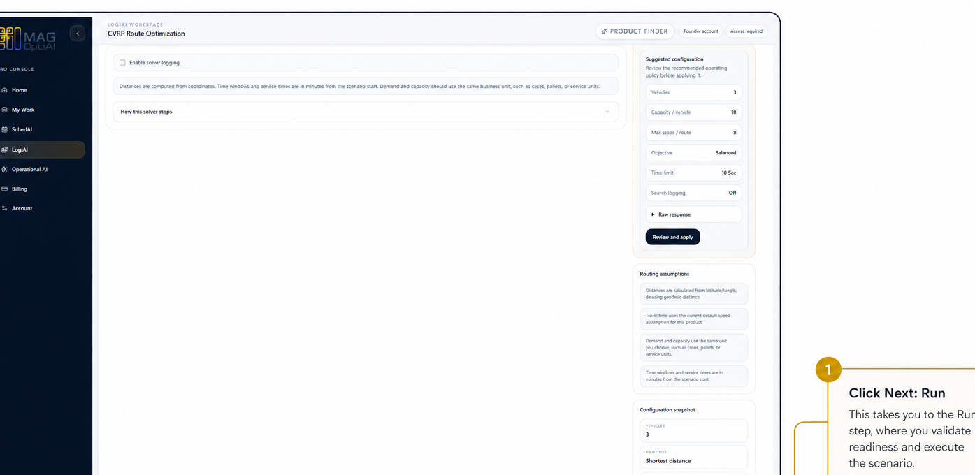 Configure step ready to continue to Run.