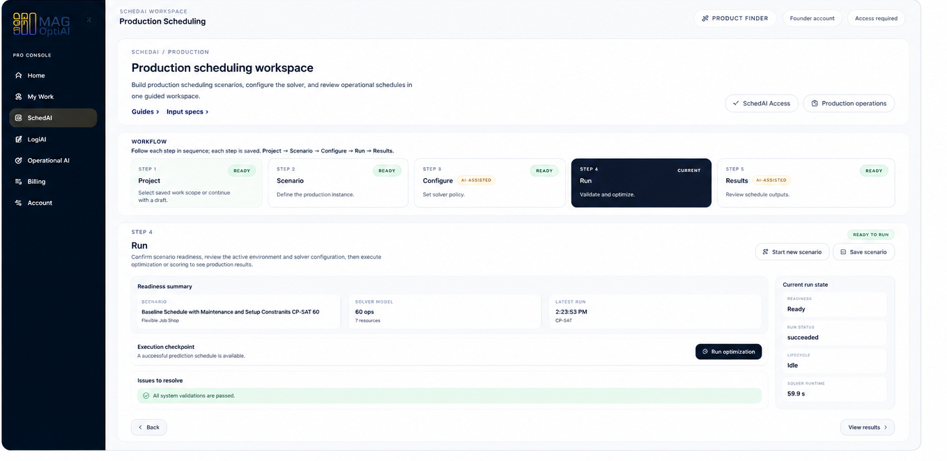 Run step showing readiness summary, latest run details, and Run optimization action.