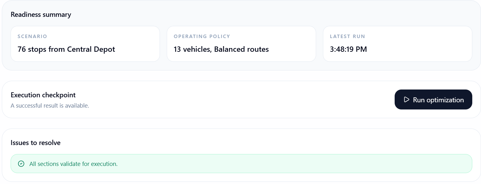 Close-up of the Run optimization action and current run state.