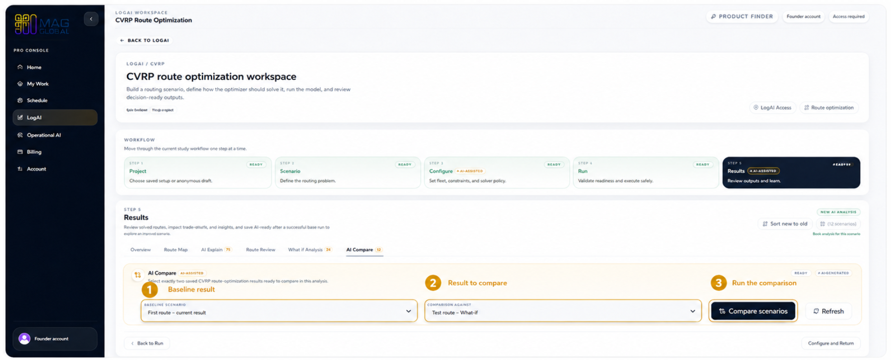 AI Compare selection view with baseline result, result to compare, and Compare scenarios button.