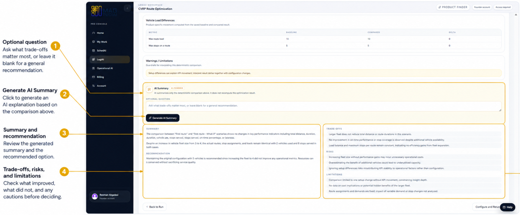 AI Compare AI Summary section with optional question, generated summary, recommendation, trade-offs, risks, and limitations.