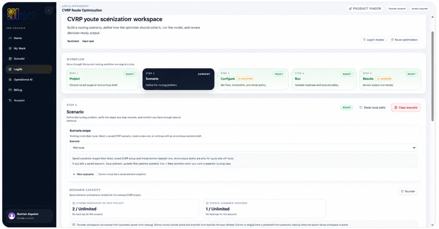 CVRP Route Optimization workspace with the Scenario step active and Configure available in the workflow.