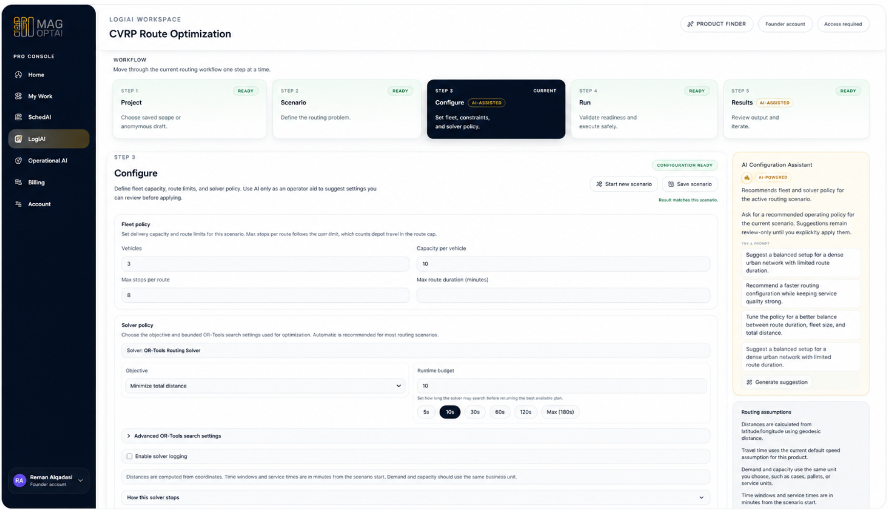 Configure step with fleet policy, solver policy, and the AI Configuration Assistant open on the right.