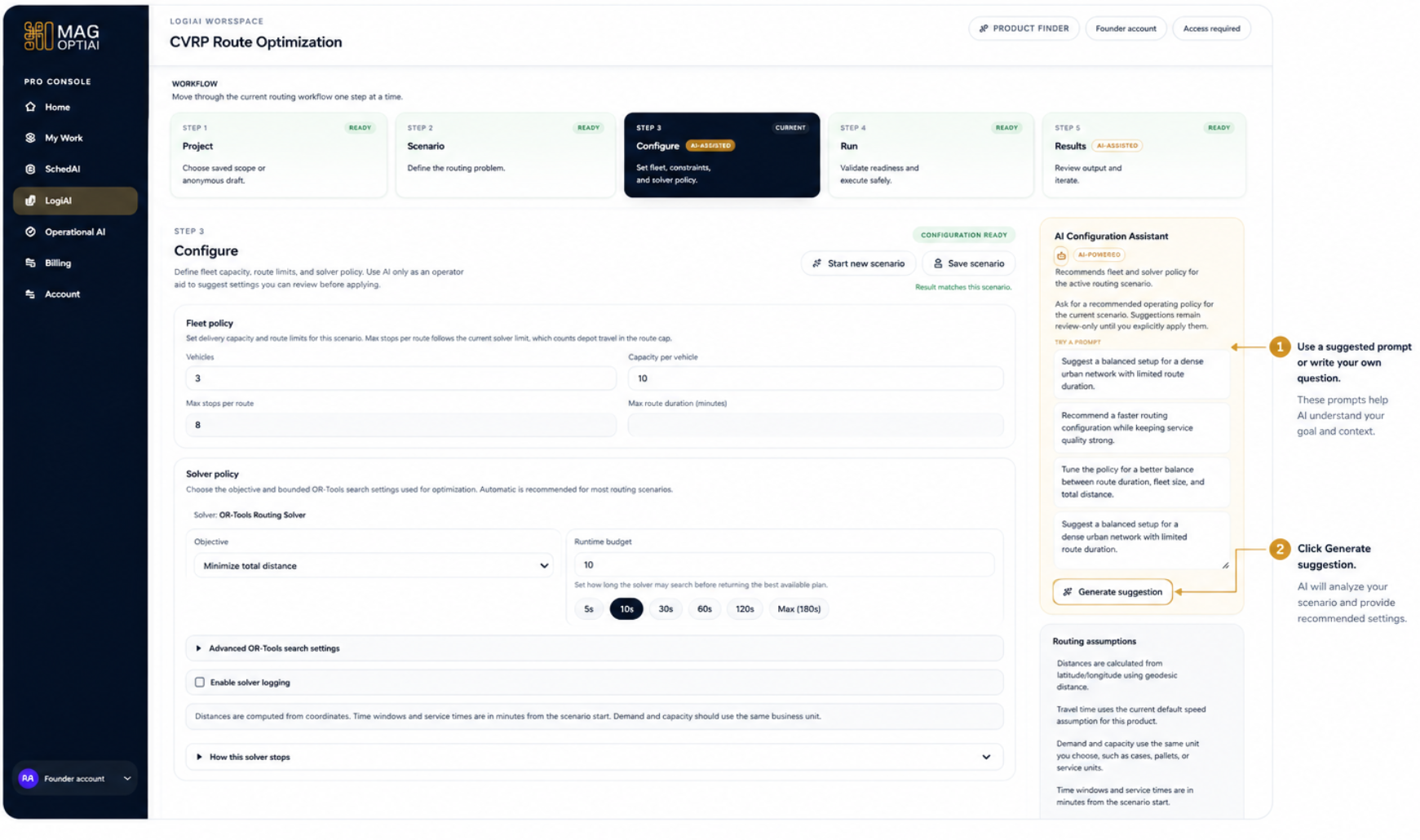 AI Configuration Assistant prompt area with suggested prompts and the Generate suggestion action called out.