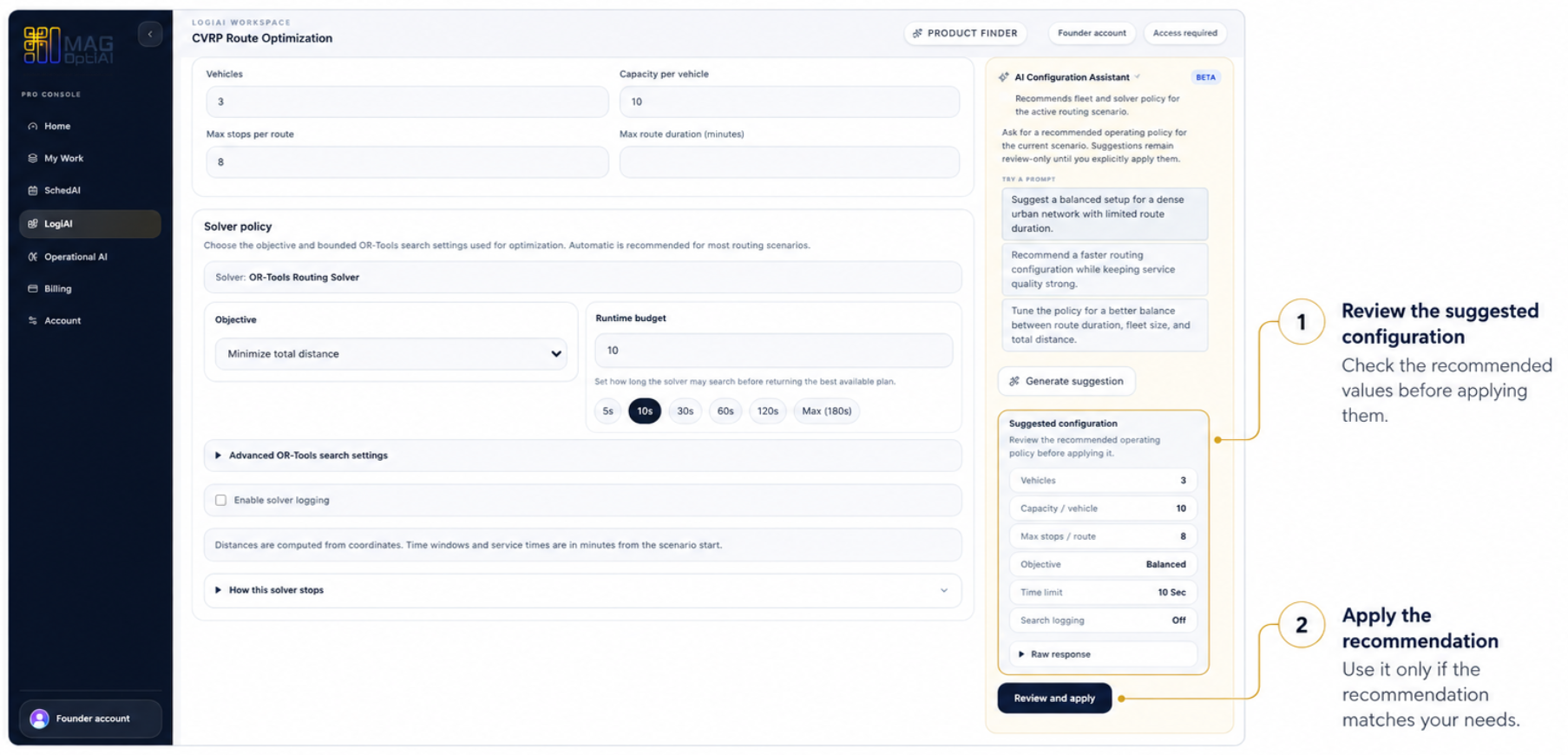 Suggested configuration panel with recommended values and the Review and apply action called out.