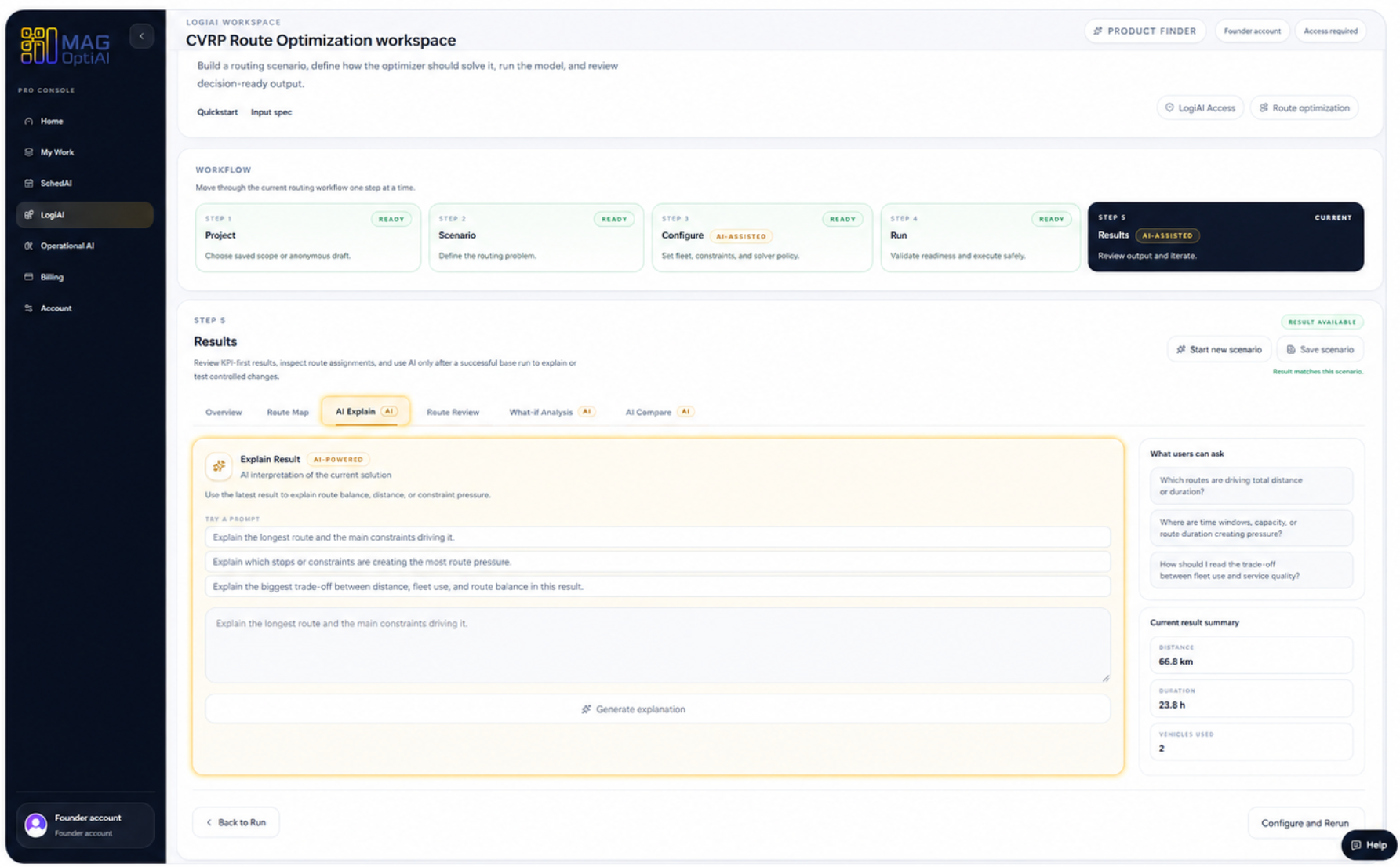 AI Explain tab open with suggested questions, prompt input, and current result summary.