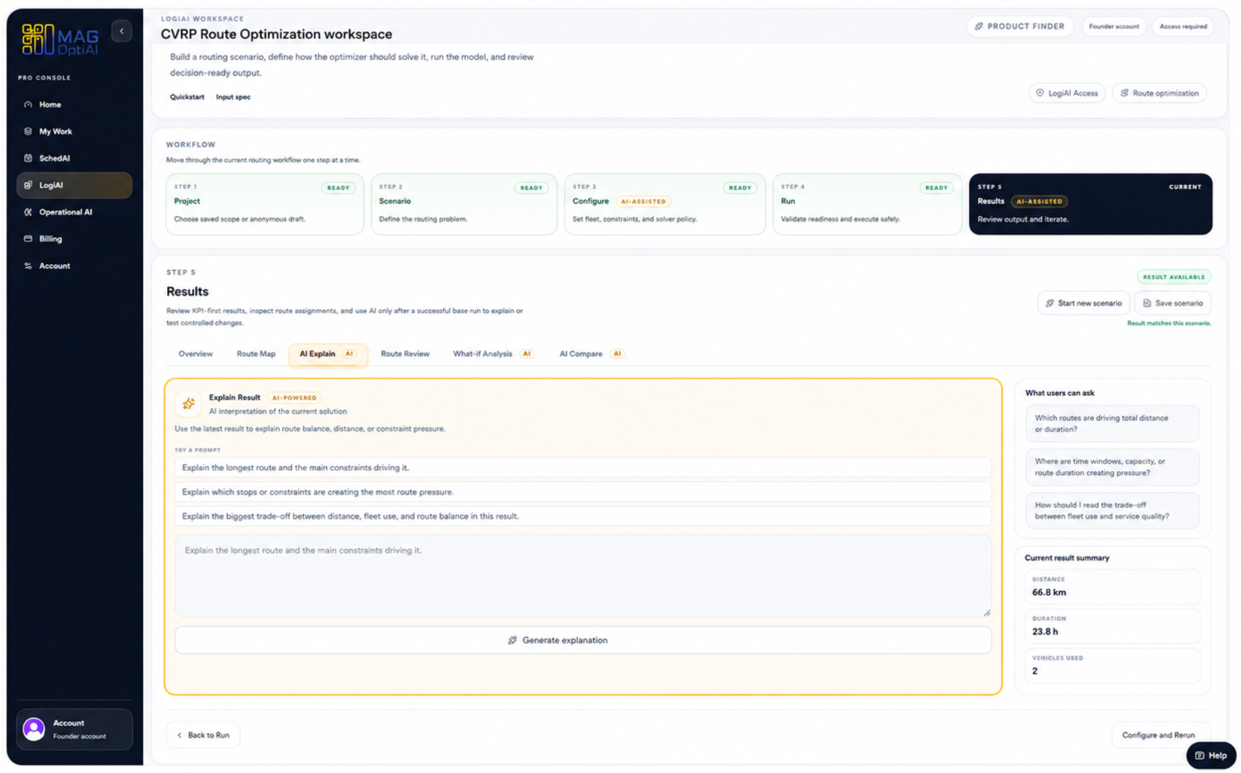 AI Explain panel with prompt examples, a typed question, and the Generate explanation action.