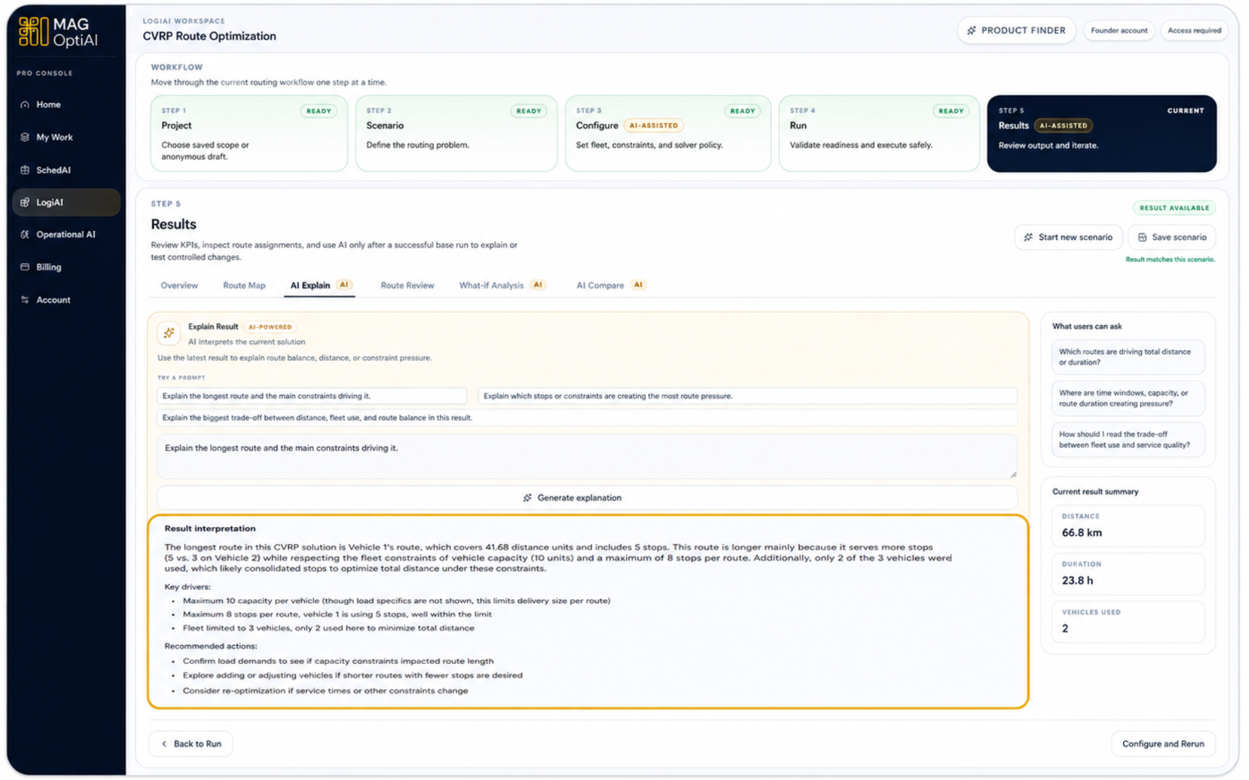 AI Explain result interpretation showing key drivers and recommended actions for the route result.