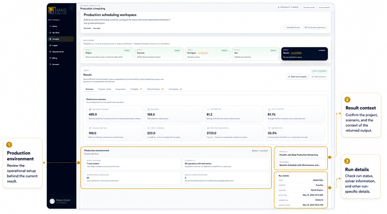 Review Results step 3 showing production environment, result context, and run details callouts.