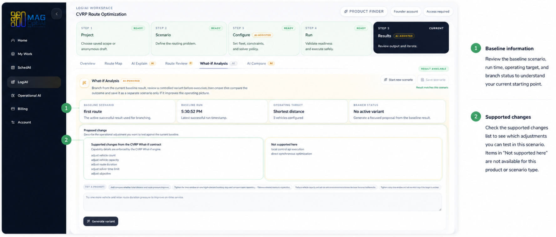What-if Analysis page showing baseline information and supported changes.