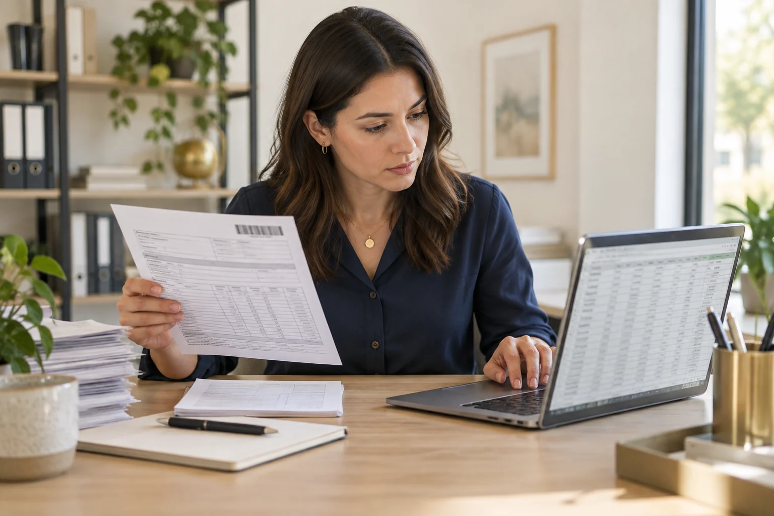 An analyst comparing a delivery form with records being entered into a spreadsheet.
