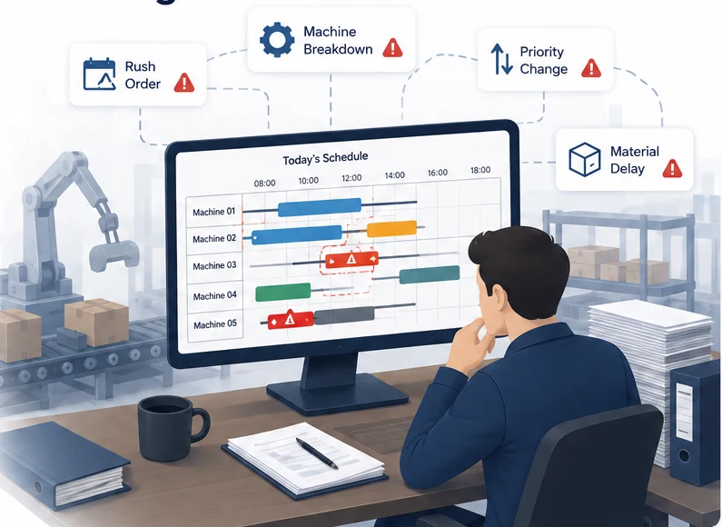 A production planner reviews a schedule disrupted by rush orders, machine breakdowns, priority changes, and material delays.