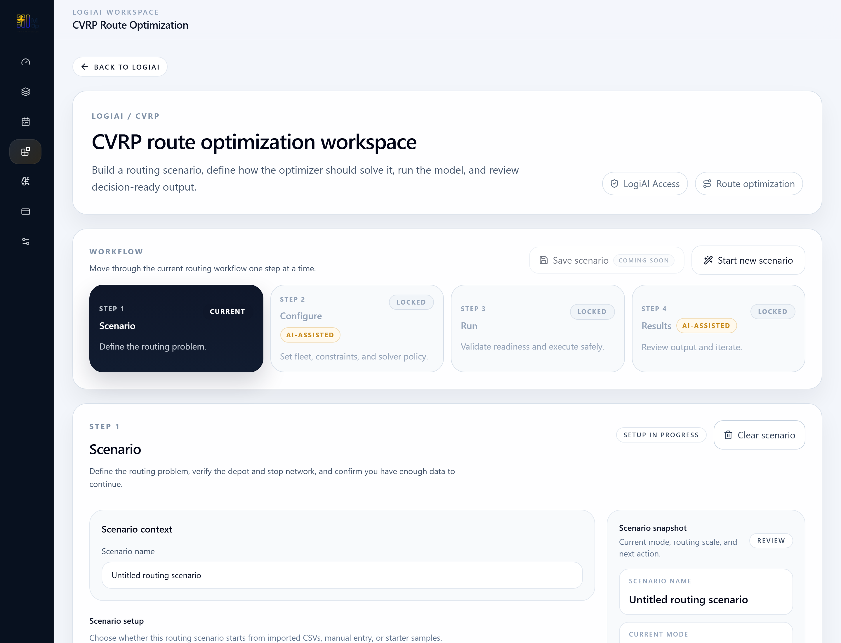 LogiAI CVRP workspace overview with routing workflow steps.