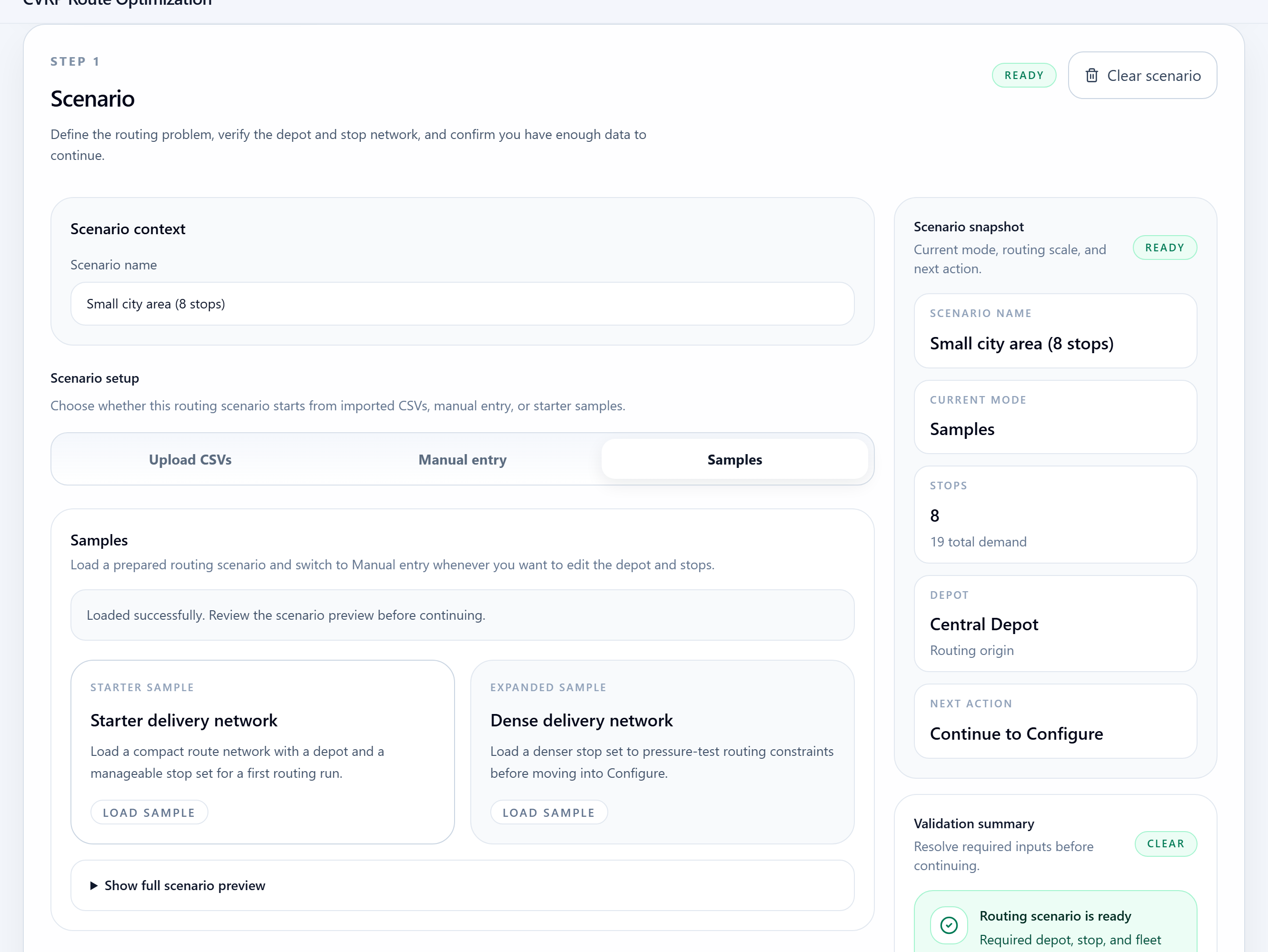 LogiAI CVRP scenario setup with routing CSV import and sample options.