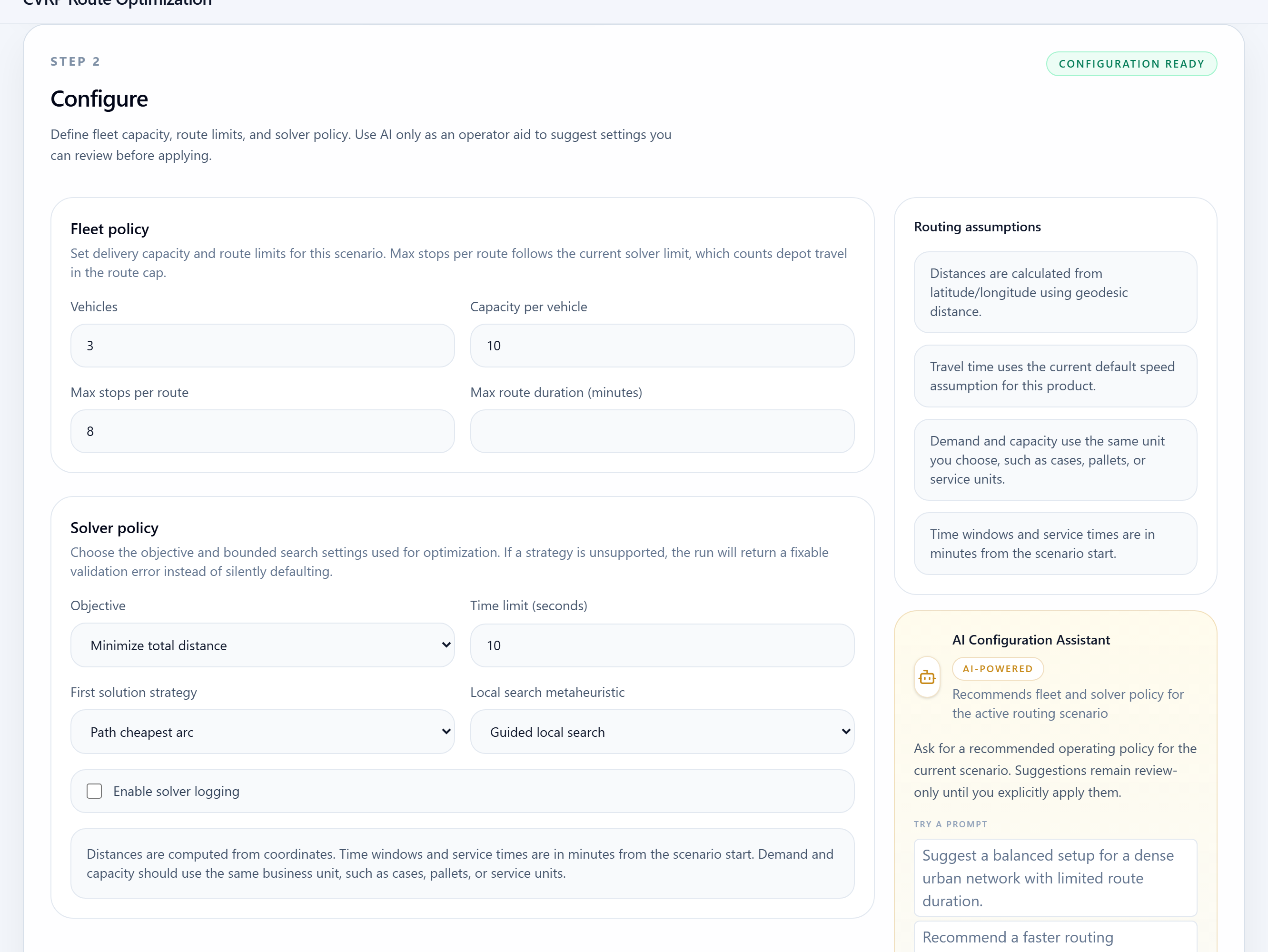 LogiAI CVRP configuration step with fleet, objective, and solver controls.
