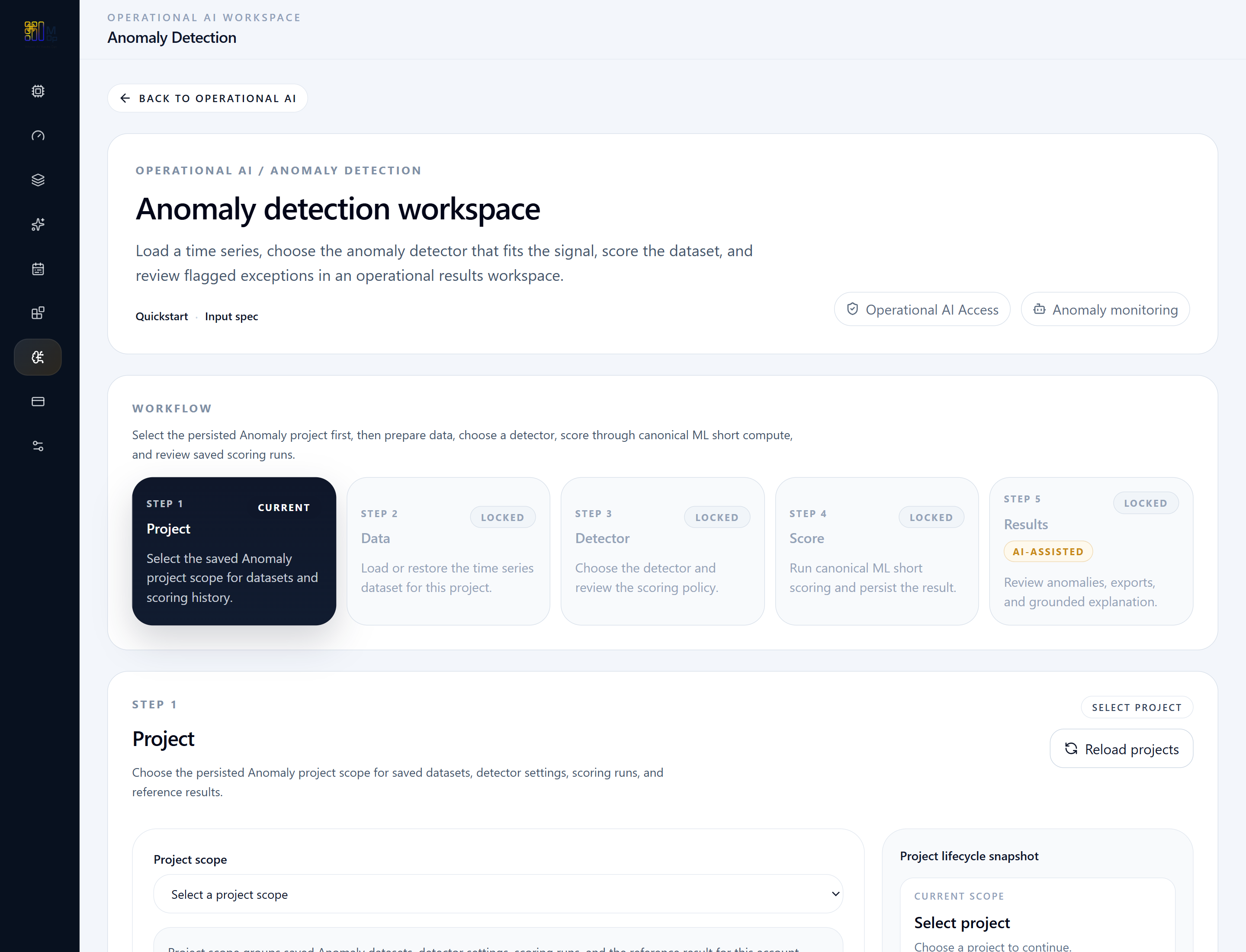 Anomaly Detection workspace overview showing the project-backed lifecycle steps.