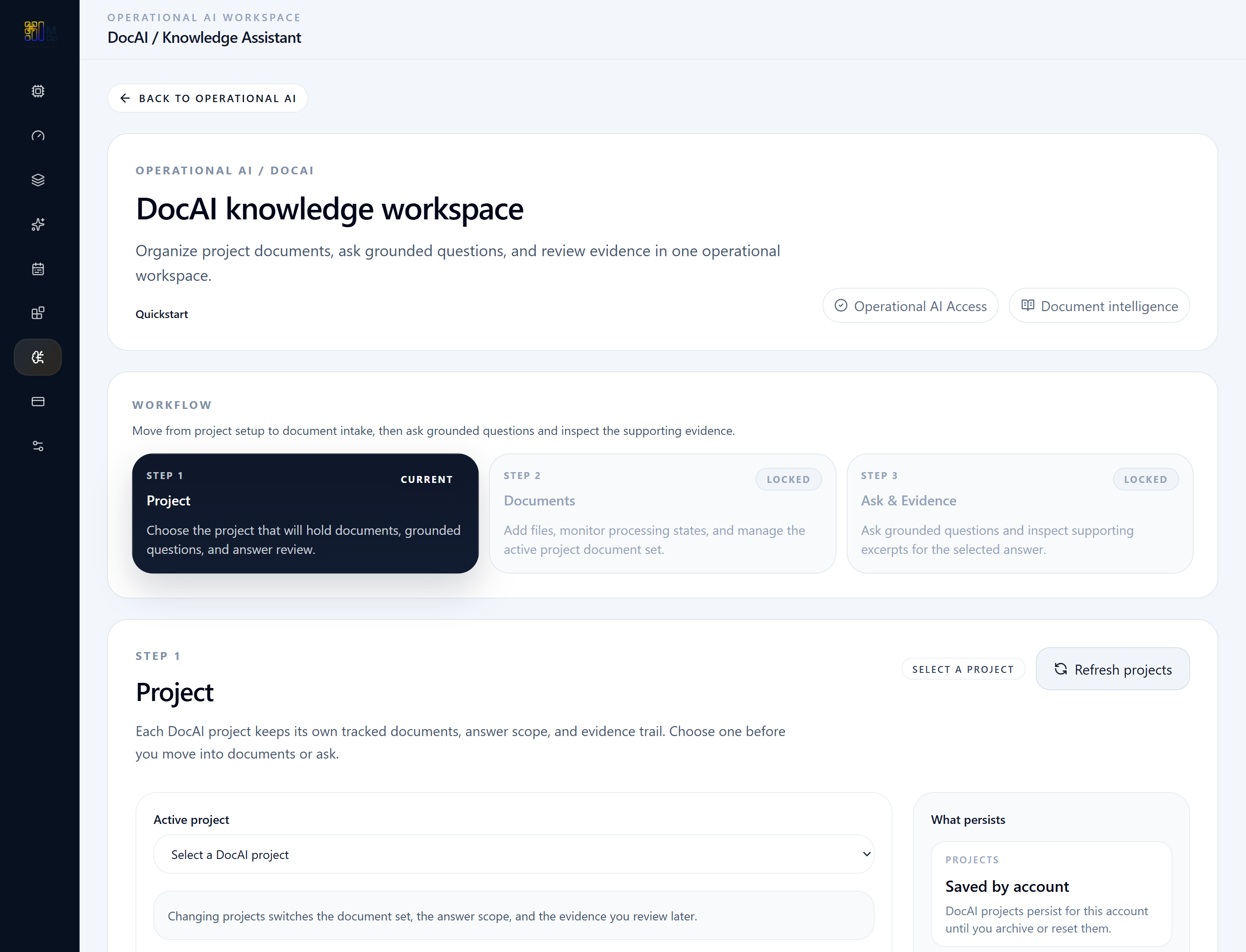 DocAI workspace overview showing project, documents, conversation, and evidence steps.