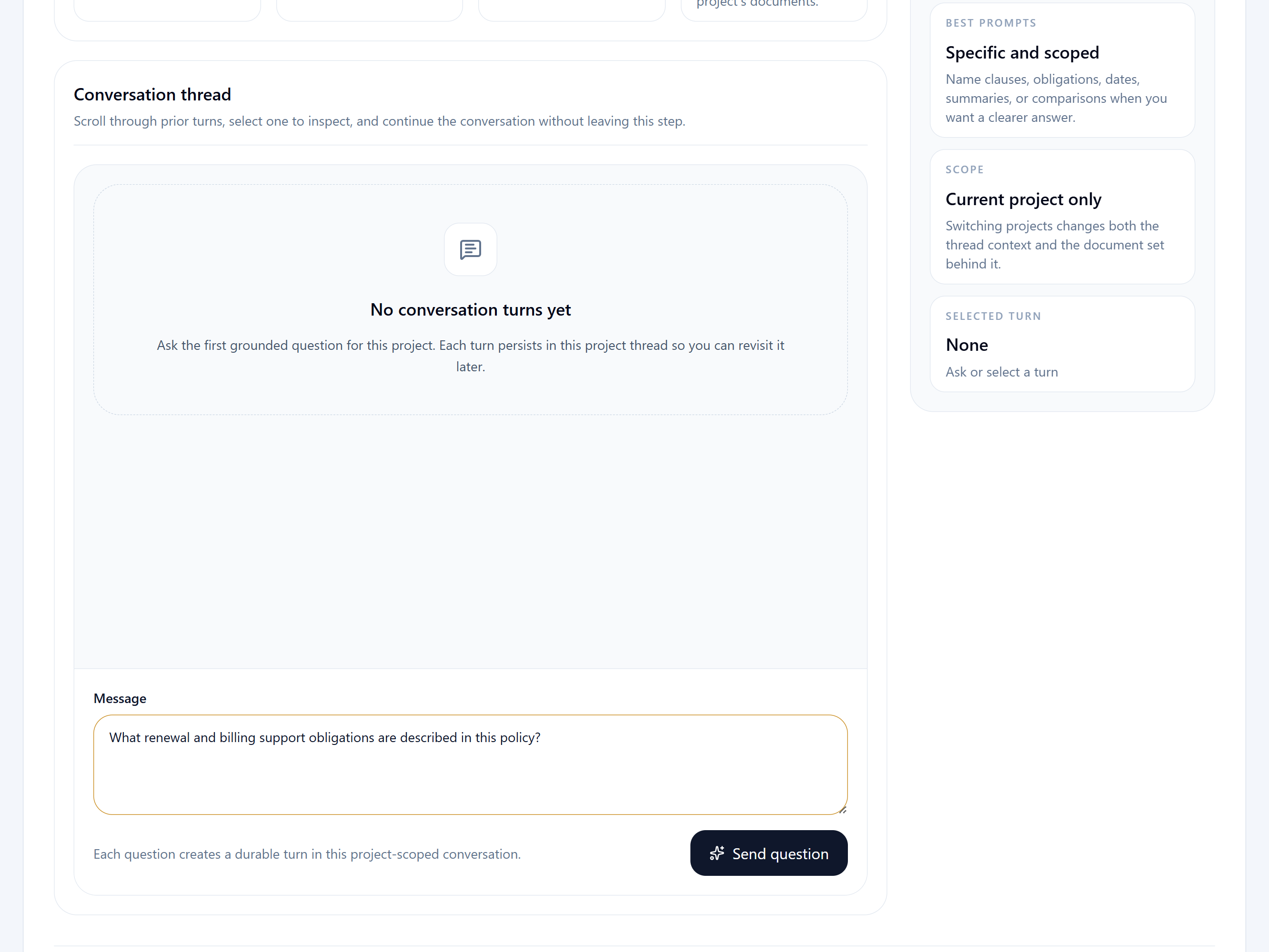 DocAI conversation step showing a project-scoped question and saved answer thread.