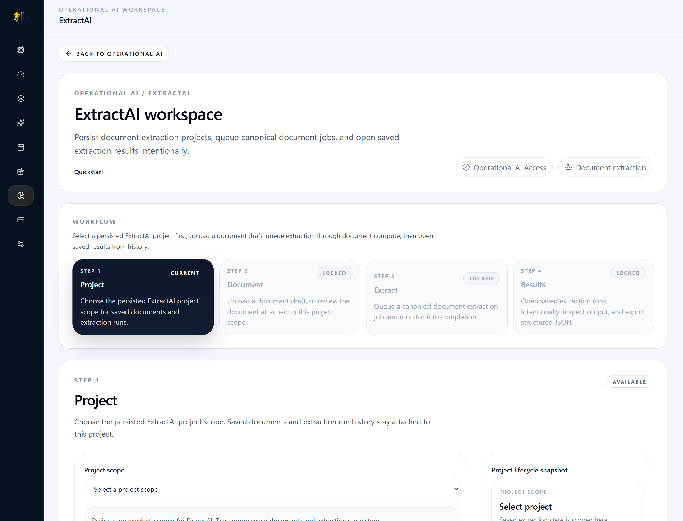 ExtractAI workspace overview showing document, extract, and results steps.