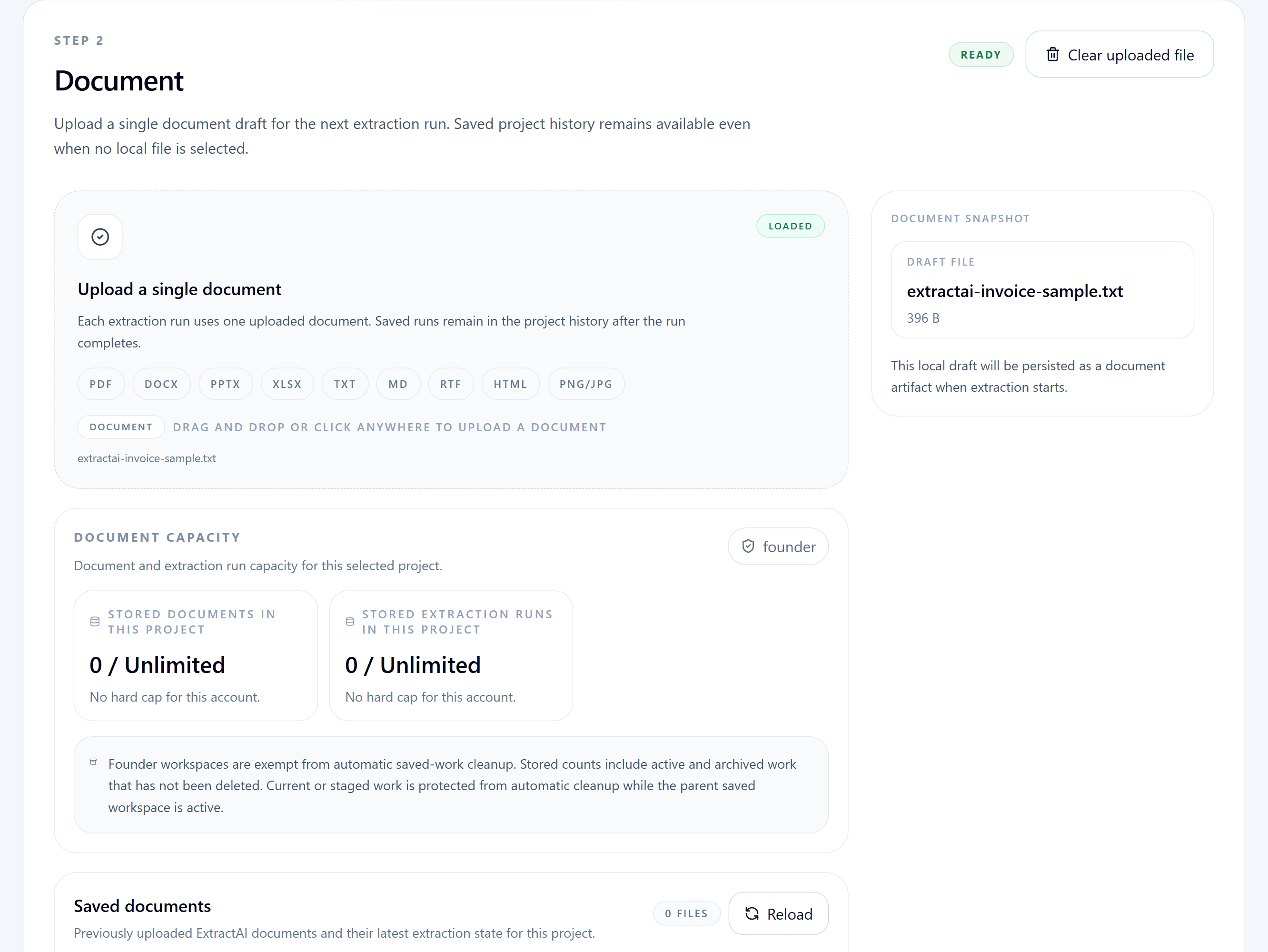 ExtractAI document intake step with upload and validation state.
